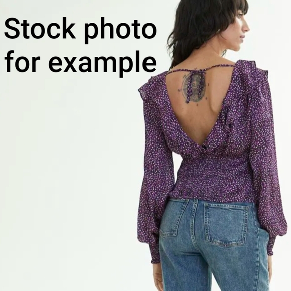 Reitmans XSmall BNWT, V-neck purple black pattern, pouf sleeve blouse - Picture 13 of 16